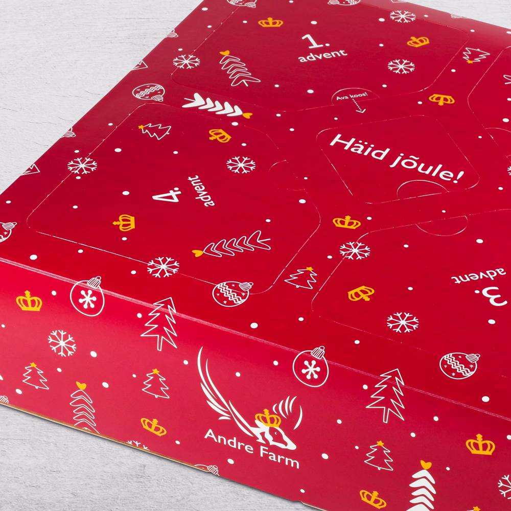 punane juustude kalender hallil taustal